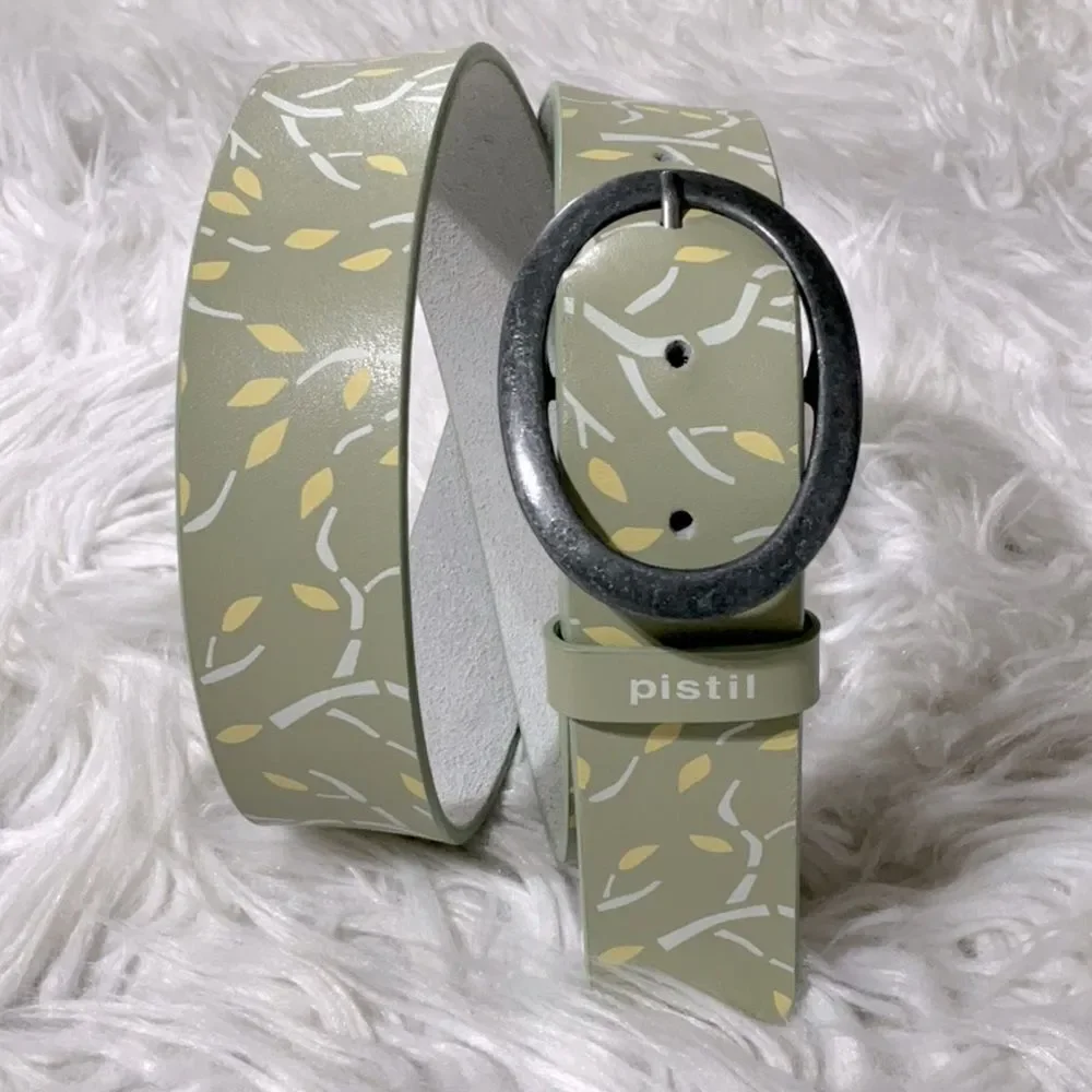 PISTIL leather belt novelty print antiqued silvertone buckle NWOT sz M